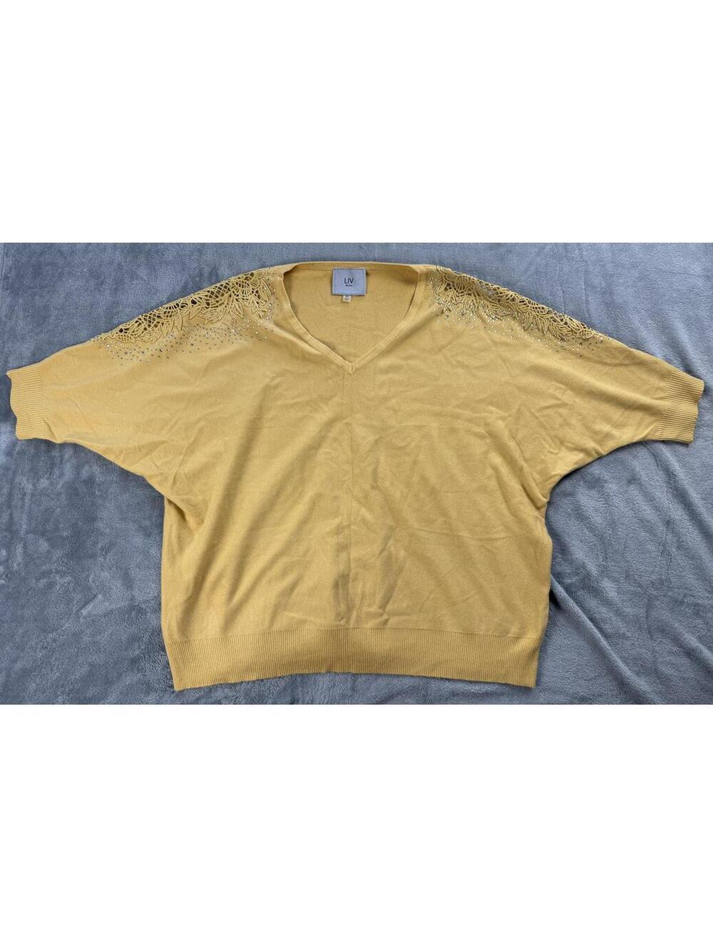 LIV Milano Women's Yellow V-Neck Top Blouse Shirt w Lace Shoulder Detail Size XL